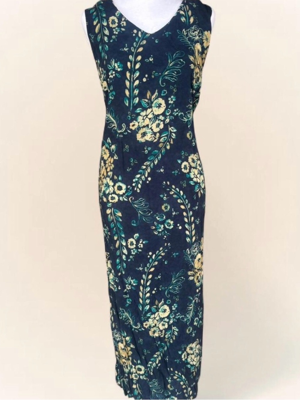 90s Vintage Navy Cream Floral Rayon Maxi Dress w/ Tie Back •Maggie McNaughton 1X